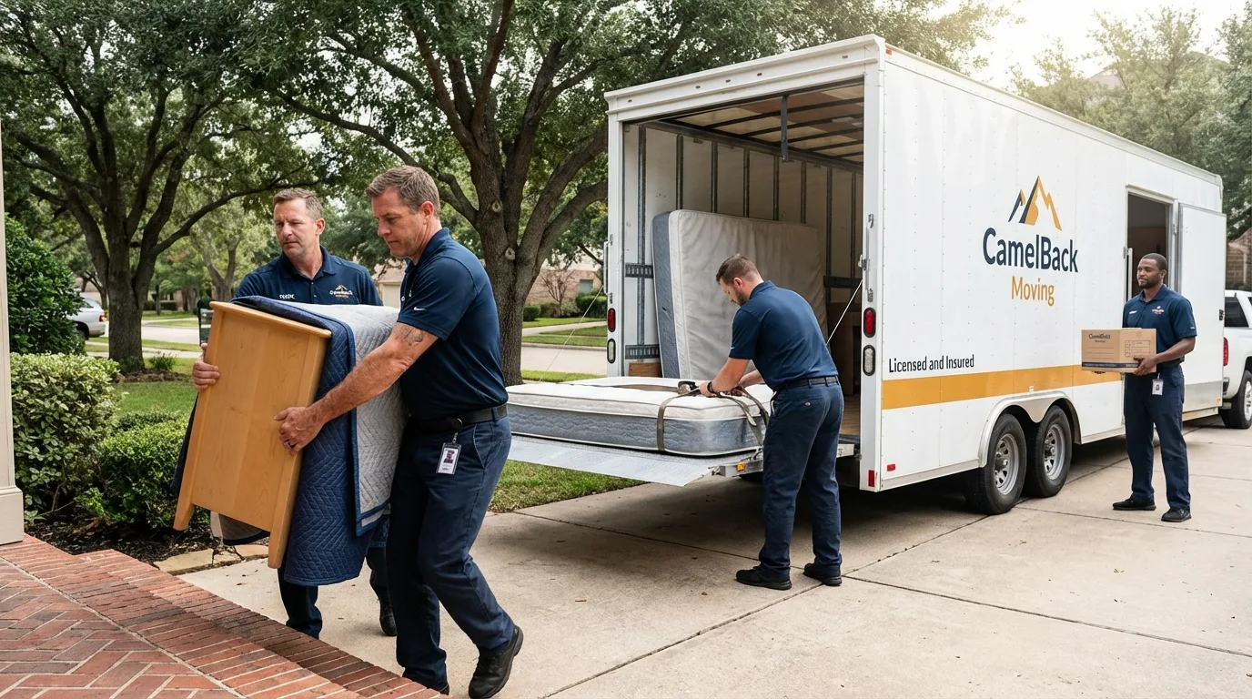 Crew loading residential truck for cross-state move from Poynette, WI