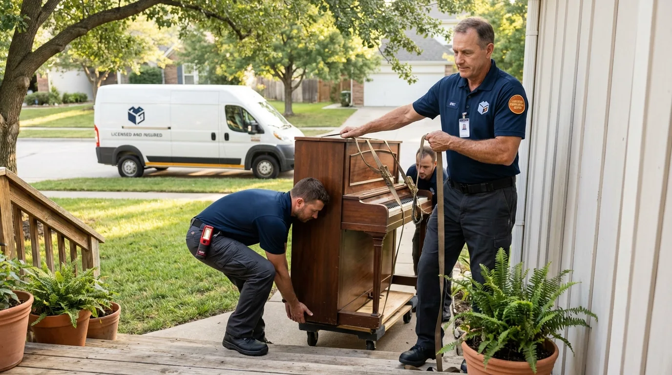 Licensed piano movers securing grand piano in Poynette, WI