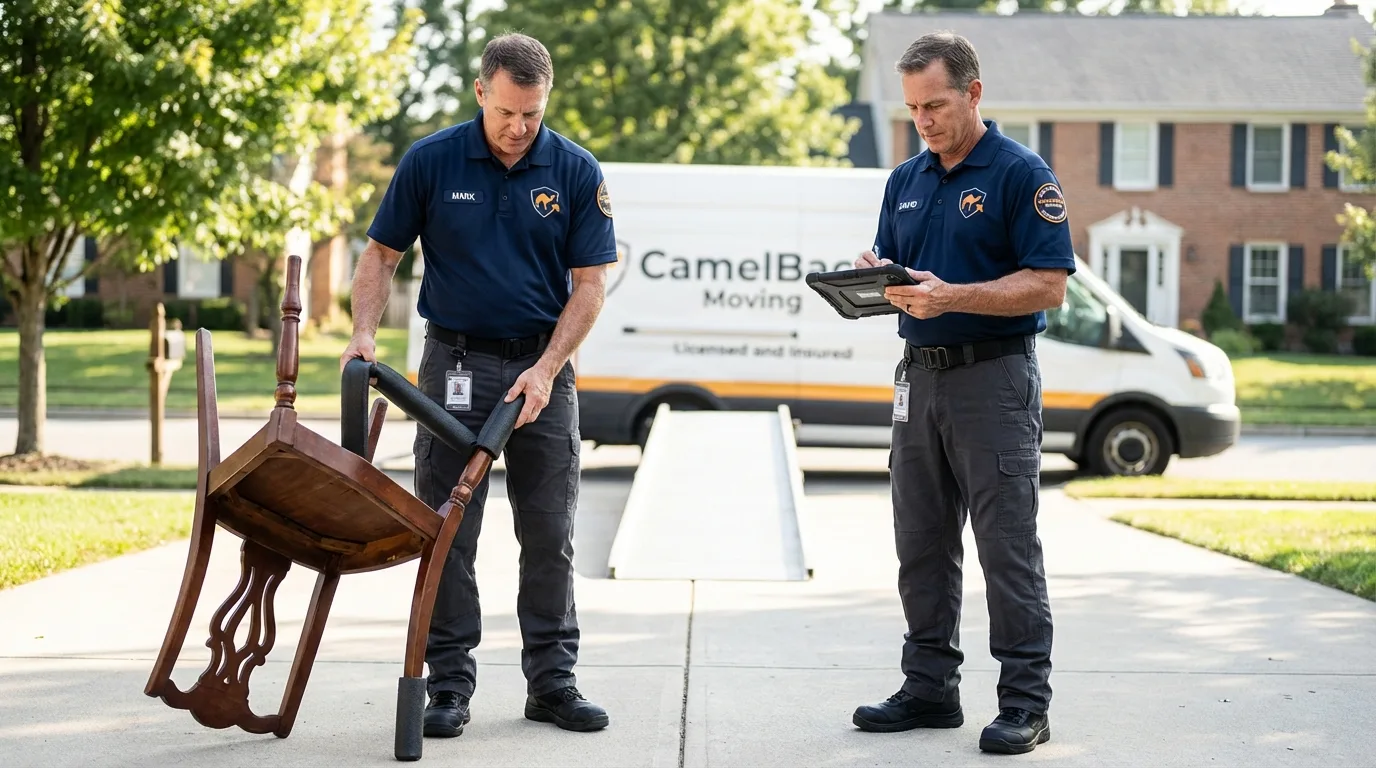 Movers inspecting furniture for damage prevention before loading in Poynette, WI